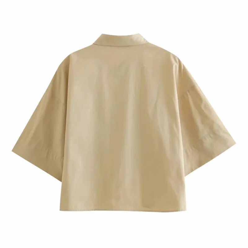 Moda mujer parche bolsillo caqui camisa femenina manga corta blusa casual dama suelta tops blusas S8739 210430