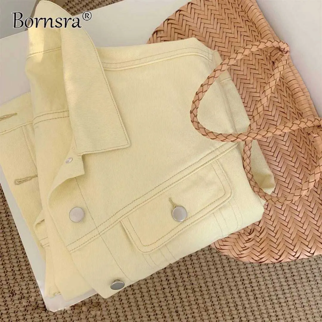 Bornsra Stylish100％Cotton Denimジャケット女性スプリングシングル胸肉ポケットアウトウェアイエローコートJean for Woman211025