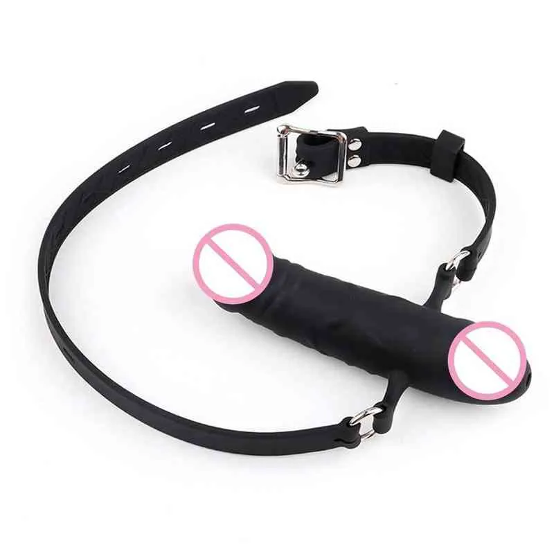 NXY SM Bondage Mouth Gag Dildo Oral Fixation Strap On Sex Toys Penis Plug Silicone DoubleEnded Dildos Leather Harness For Couple 6311312