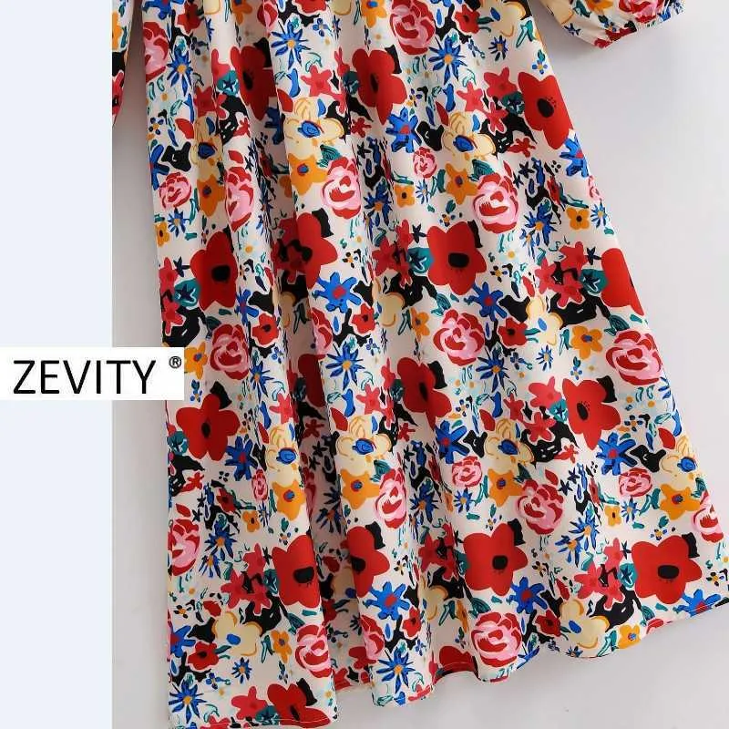 Zevity Femmes Vintage Col Carré Lanterne Manches Imprimer Casual Marque Robe Femme Buste Élastique Robe Chic Robes De Fête DS4207 210603