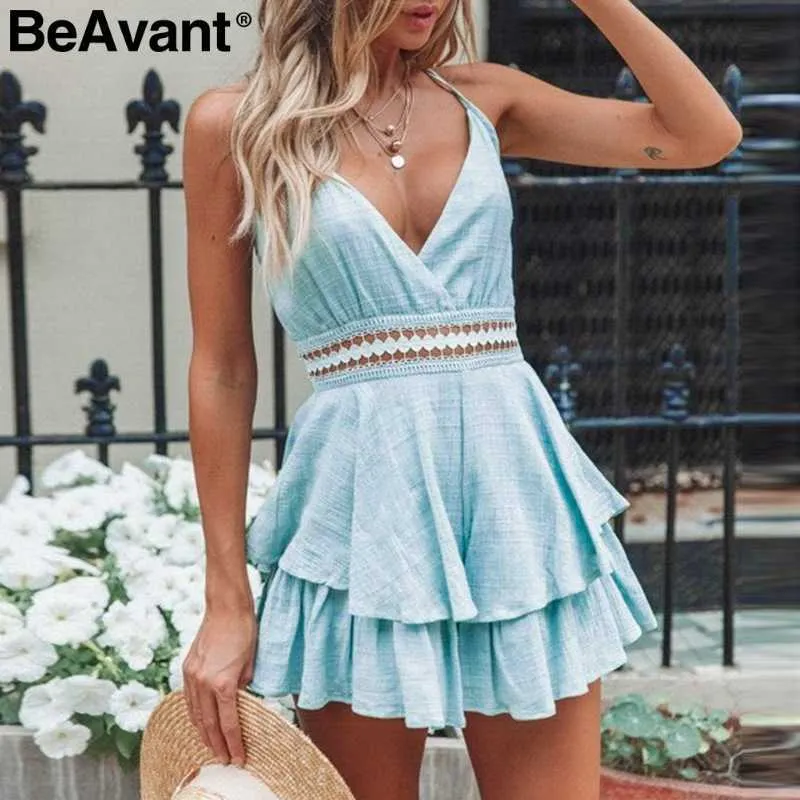 BeAvant V-neck sexy women summer jumpsuit rompers Backless lace up cotton jumpsuit short Casual strap female beach playsuit 210709