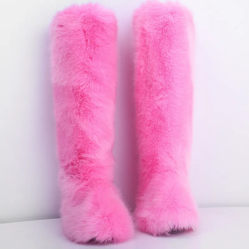Winter High Boots Vrouw Faux Fox Fur Snow Boots Vrouwen Warm schoenen vrouwelijke enkellaarzen mode harige grote size donzige pluche pluche