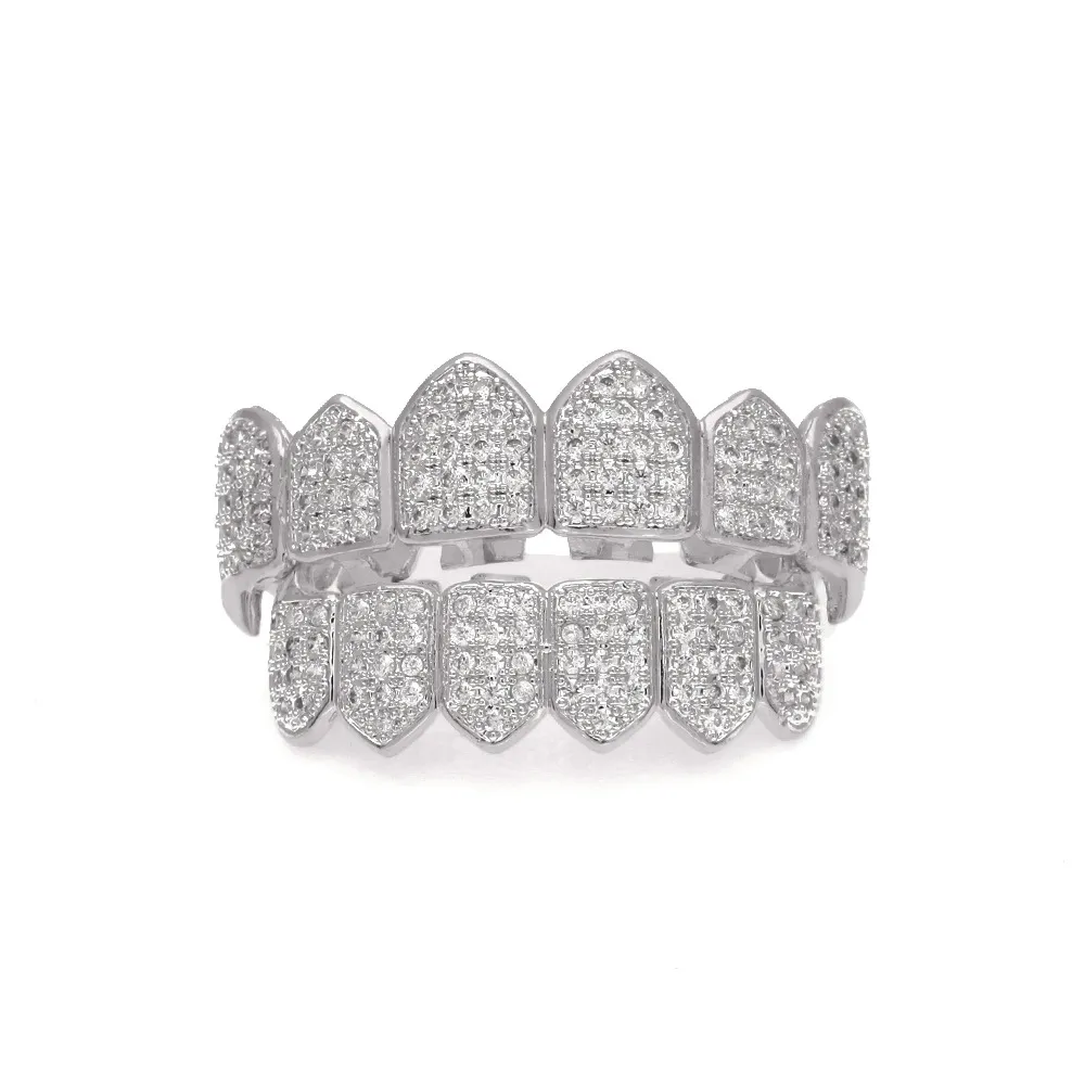NEW Diamond Grills 18KT Gold Plated Fully Iced Out Micro Pave CZ Top and Bottom Face Mouth Grills for Vampire teeth Cosplay Hip Ho9892101