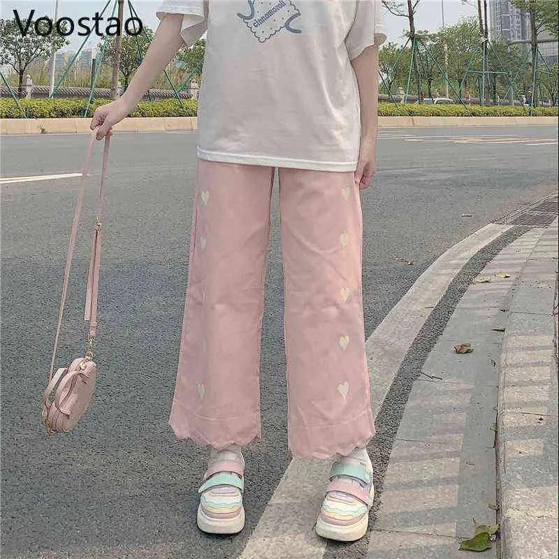 Pantalones de chándal lindos dulces japoneses estilo preppy mujeres amor corazón estampado Lolita pantalones de pierna ancha niñas Kawaii pantalones rectos sueltos Y211115