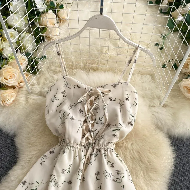 Korobov koreanska tryck spaghetti strap kvinnor klänning vintage elastik hög midja strand stil vestidos sommar ny a-line robe femme 210430