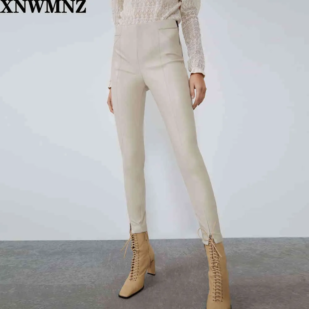 Moda Sonbahar Kış Kadın High Wasit Faux Deri Pantolon Lady Siyah Bej Polar PU Fermuarlar Sıska Streç Kalem Pantolon 210510
