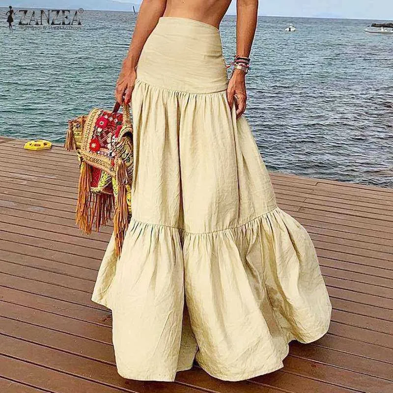 Zanzea Women Tarts Long Cruffles Casual Female Maxi Skirt Cotton Linen Vestidos A-Line Jupe Femme streetwear y0824