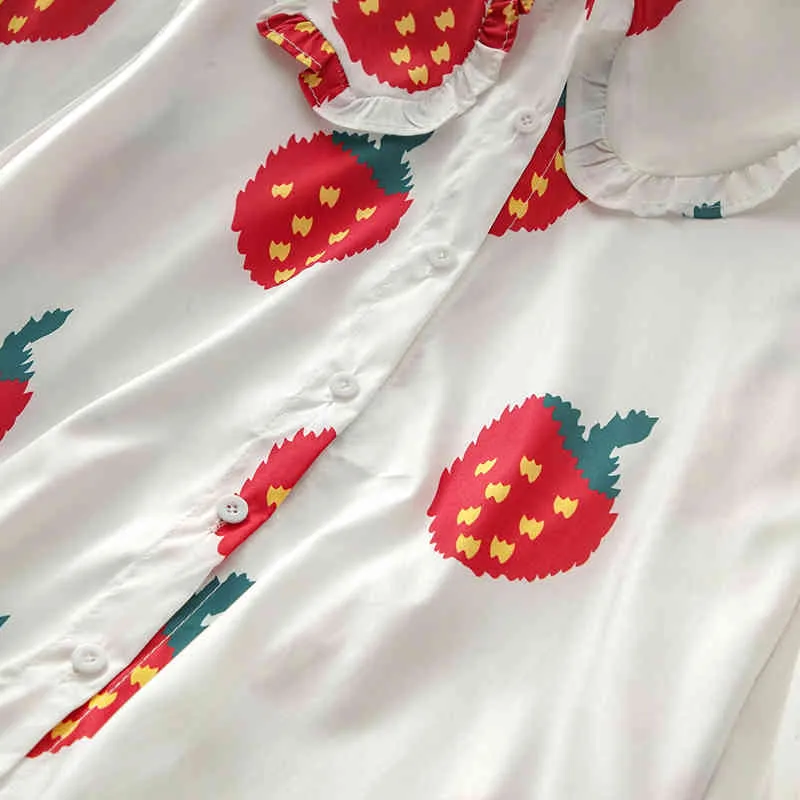 Kimutomo Süße Mädchenbluse und Hemd, süßer Erdbeerdruck, Peter-Pan-Kragen, lange Ärmel, schicke Tops, Frühlingsmode 210521