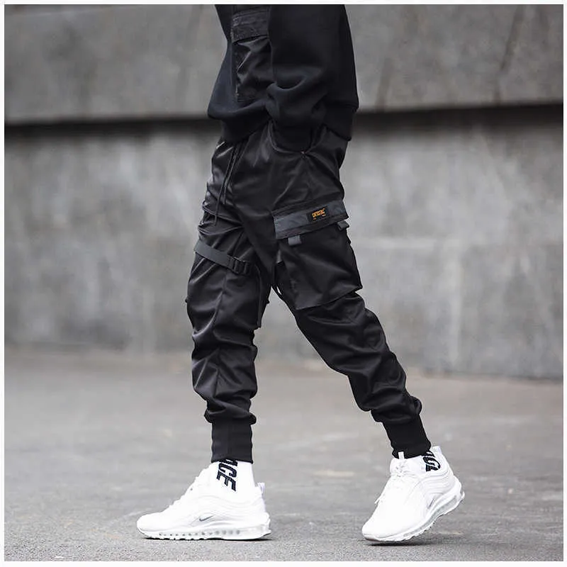Homens Calças De Carga Preto Fitas Harem Jogos Casuais Algodão Streetwear Bolsos Hip Hop Pants Pants Harajuku Moda Calças 210714