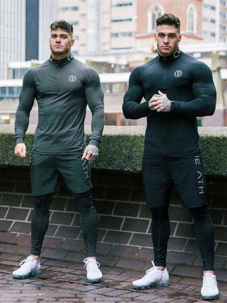 Men's Skinny Fitness Sets Bodybuilding Cycling Stretch Tracksuits Tight Long Sleeve Sportswears+ 2 in 1 Leggings Pants 211220