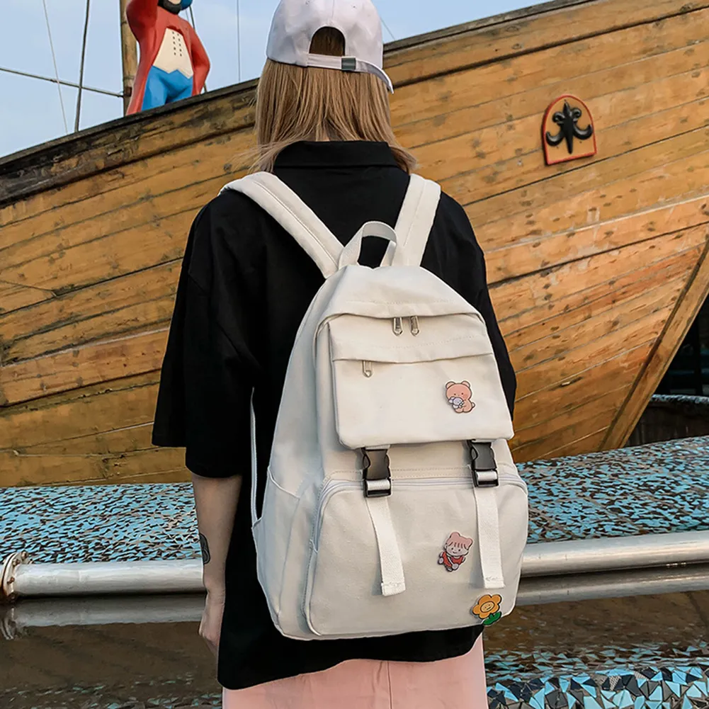 New Fashion Female Backpack Casual Large Capacity Canvas Shoulder Bags Multi Pocket Solid Color Students Daily School Bags