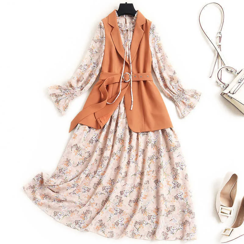 Spring Lady Notched Vest and Flare Sleeve Print Dress Suit Women Office Robe Femme Midi Casual Party Vestidos 210601