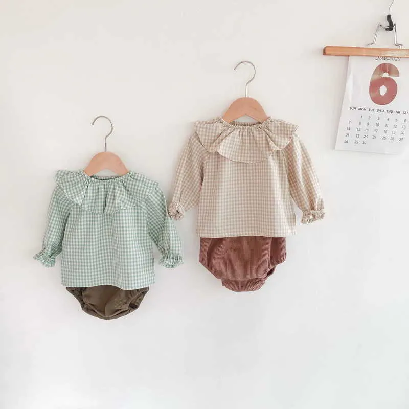 Spring Kids Girls 2-pcs Sets Plaid Shirts + Solid Color Shorts Cute Style born Clothes E6094 210610