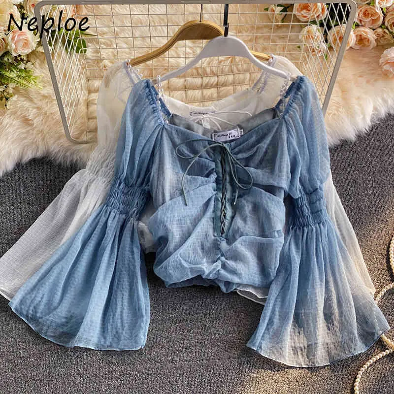 NEPLOE V Neck Flare Långärmad Multicolor Blus Kvinnor Lace Drawstring Design Arbetsstil Ol Slim Blusas Elegant skjorta Femme 210423