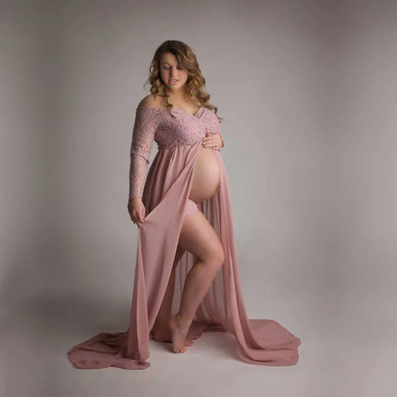 Robe de photographie de maternité longue en mousseline de soie rose poussiéreux robes de dentelle de maternité coeur doux pour séance photo fente robe de grossesse ouverte