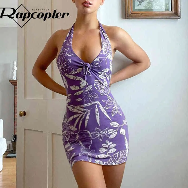 Rapcopter Floral Mini Robe Y2K Esthétique Robe courte Tie Up Halter Sundress Femmes Beach Holiday Party Dress Streetwear 2021 90s X0521