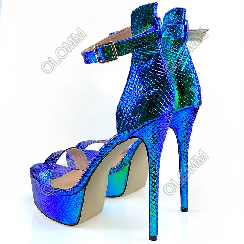 Rontic Nya Kvinnor Plattform Glänsande Sandaler Sexig Snake Stiletto Högklackat Öppna Toe Pretty Blue Dress Shoes Women US Plus Size 5-20