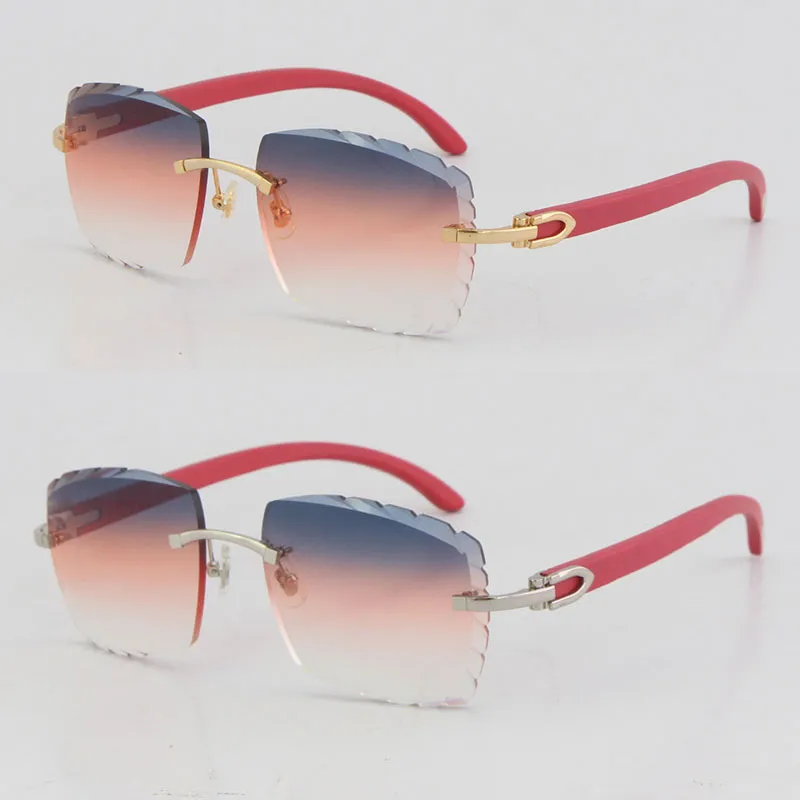 Selling Rimless Red Wood C Decoration Vintage Luxury Sunglasses Square shape face Carving Lens Unisex driving glasses 18K gold met227c