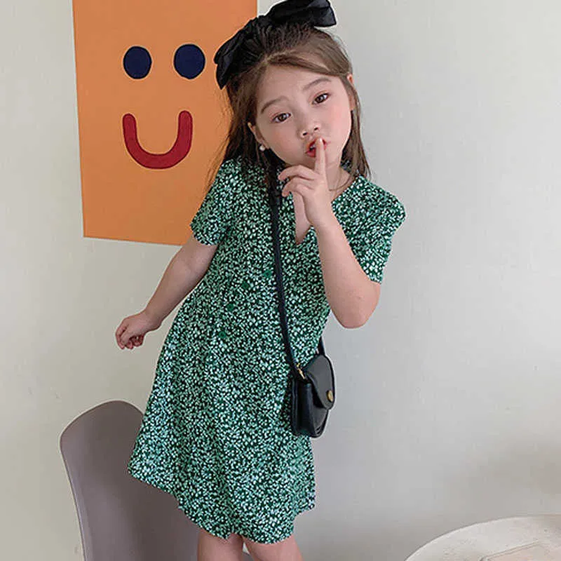 Summer Girls Dress Chinese Style Floral V-Neck Slim Short Sleeves Baby Kids Clothes Children'S Clothing 210625