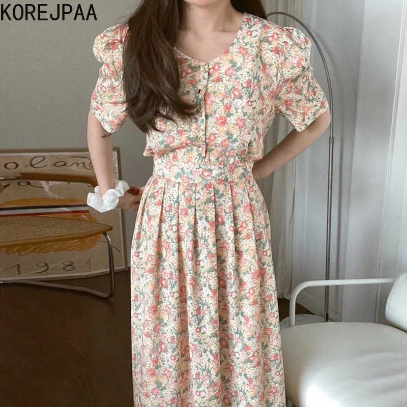 Korjpaa Kvinnor Klänning Sommar Koreansk Söt Fashion Skriv ut Enstaka Breasted Design Hög Midja Bubbla Ärmar Drape Långa Klänningar 210526