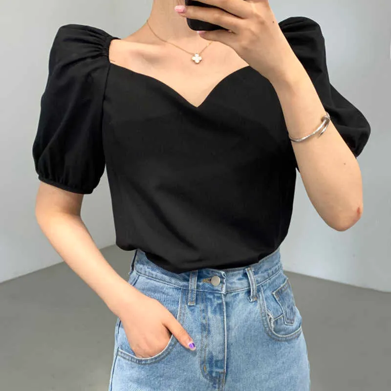 Korejpaa Women Shirt Summer Korean Minimalist Temperament Square Collar Loose Solid Color All-Match Puff Sleeve Blouses 210526