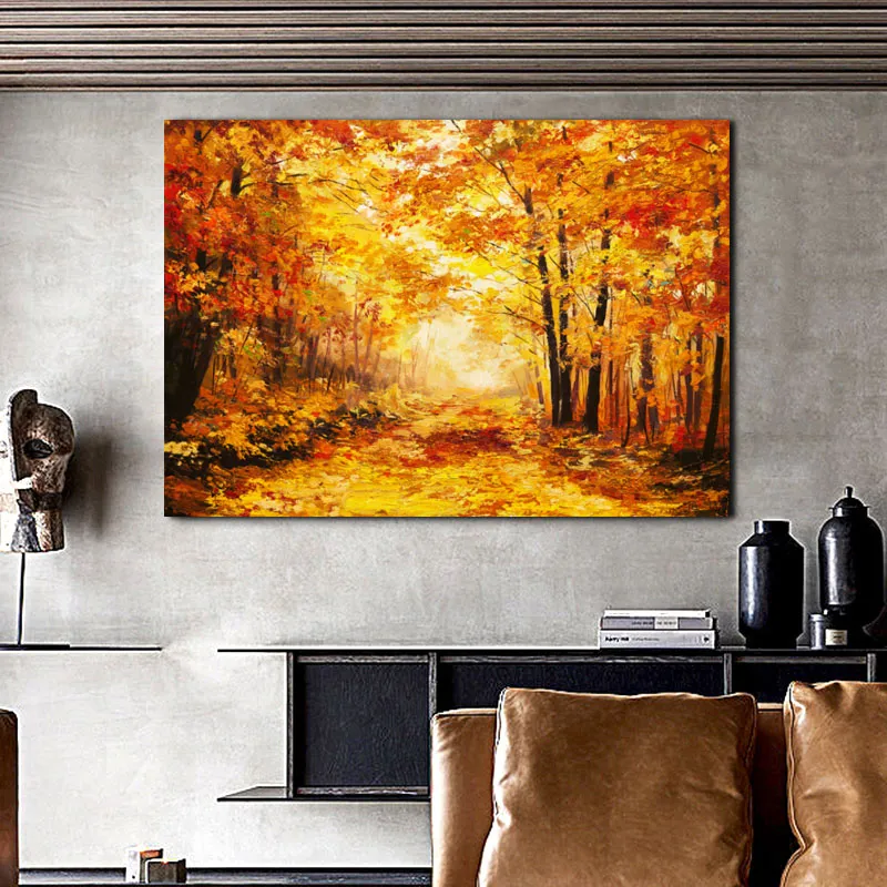 Pintura al óleo moderna, arte de pared, póster de paisaje, cuadro de árbol de otoño, pintura en lienzo para sala de estar, decoración del hogar, sin marco