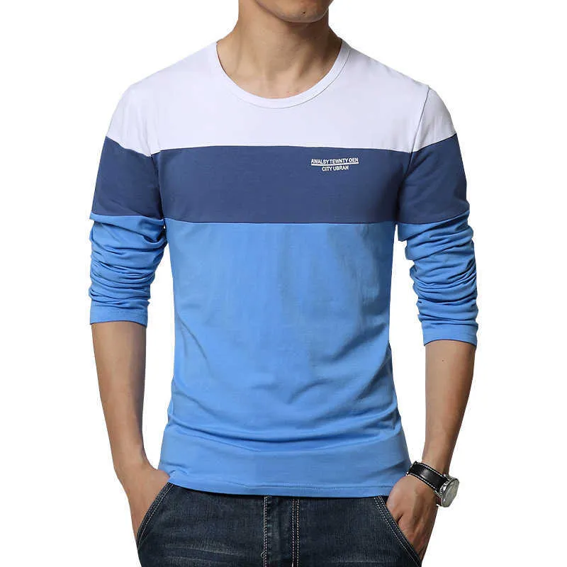 US S-XL 봄 도착 남성용 T 셔츠 O 넥 패치 워크 긴 소매 티셔츠 망 의류 트렌드 플러스 사이즈 탑 티셔츠 210528