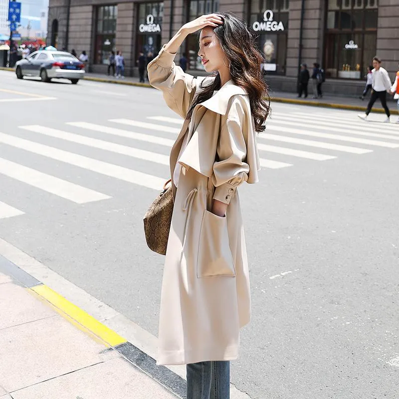 Trench lungo da donna primavera moda casual streetwear colletto rovesciato capispalla nero giacca a vento coreana da tasca 210430