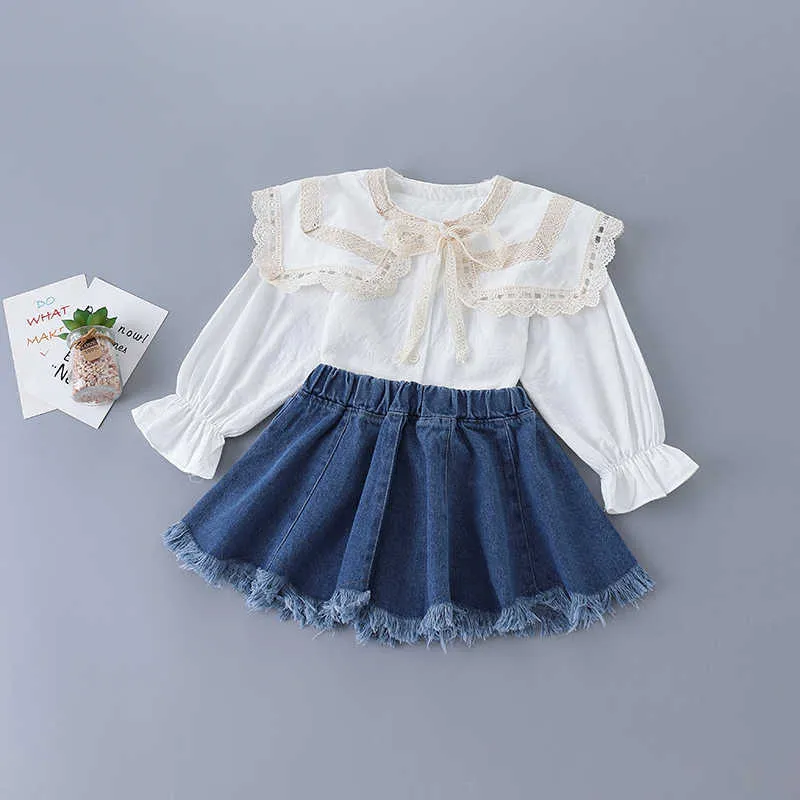 3-7 Jahre hochwertiges Frühlingsmädchen-Kleidungsset Mode lässiges festes Hemd + Rock Kind Kinder Mädchen 210615