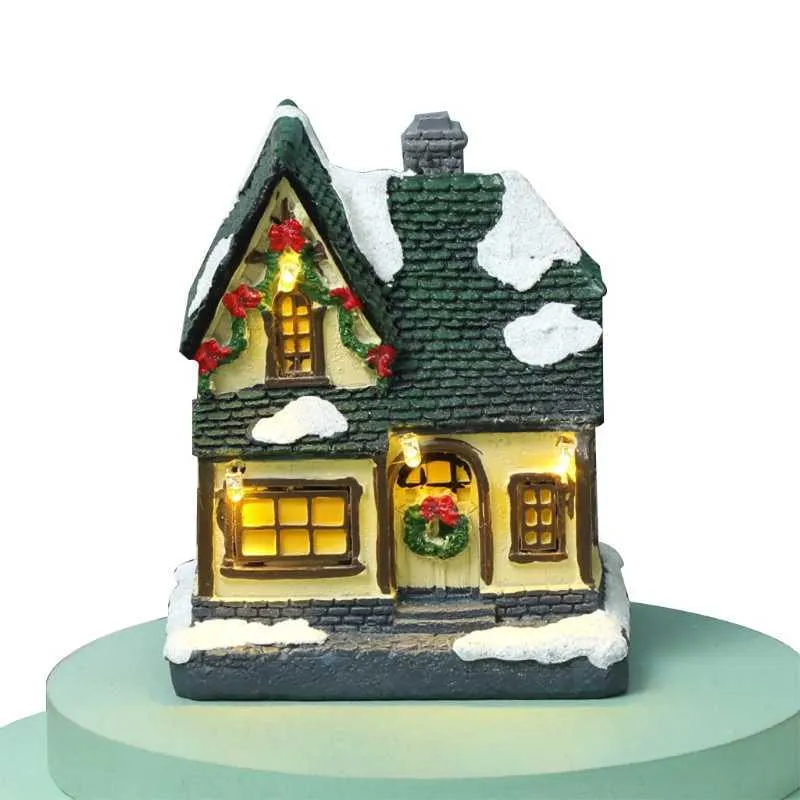 Statua di casa di villaggio con scena di Natale con luce LED calda, funzionamento a batteria, paesaggio invernale innevato, statuetta in miniatura in resina 211019