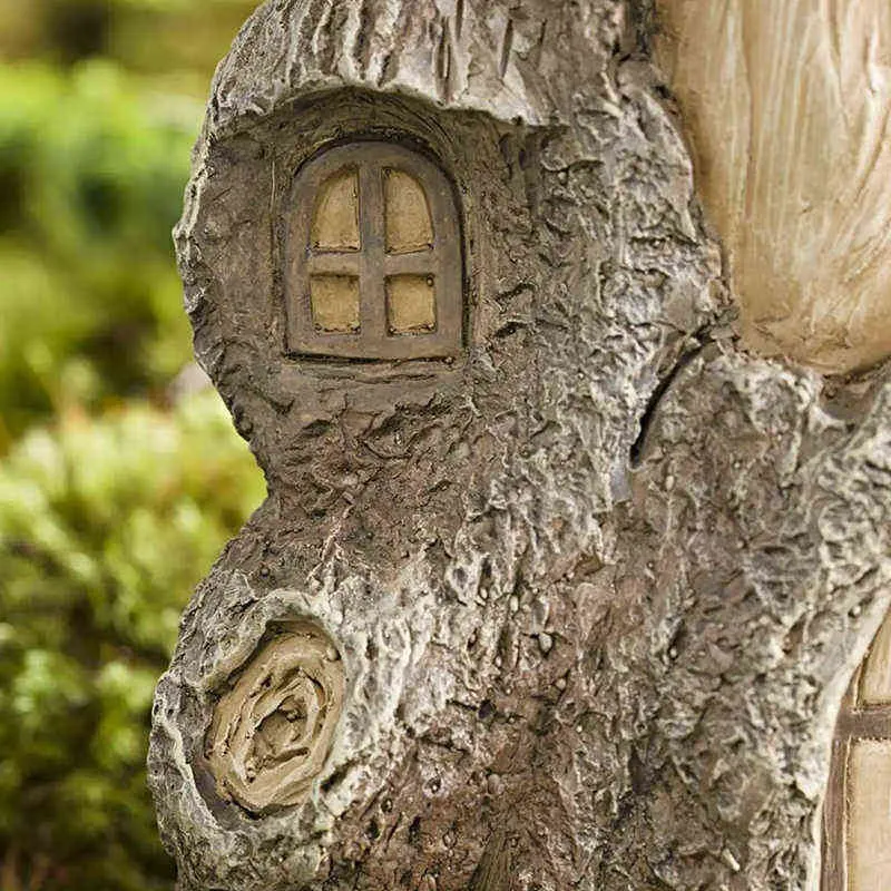 Pełnowymiarowa bajka ptak birdbath z miniaturowym domem w pniu drzewa ręcznie malowane wszystkie pogoda Drewniana żywica Jardin 211108