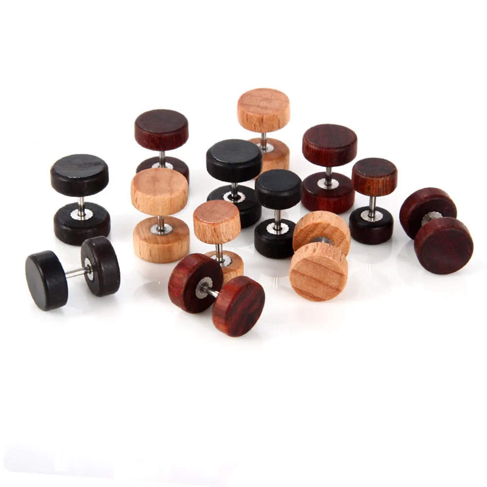 Fashion Natural Wooden Ear Studs Earnings For Women Men Wood Round Dumbbell Piercing Punk Earrings Stud6081889