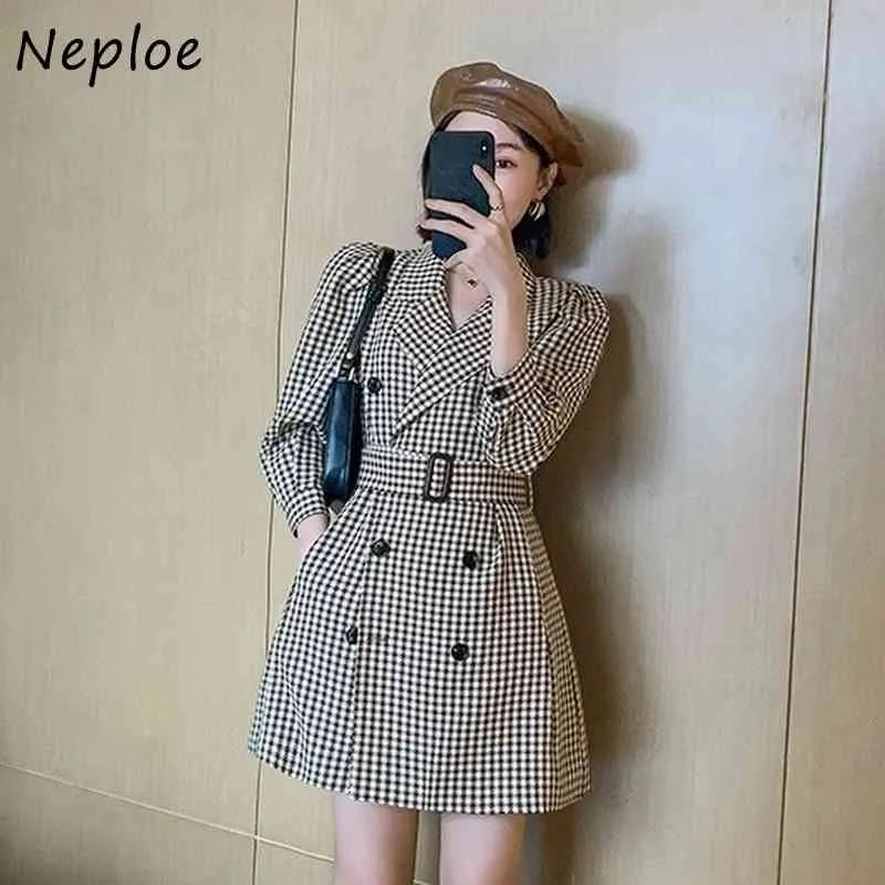 Work Style Ol Temperament Dress Women High Waist Hip A Line Vestidos Vintage Plaid Turn Down Collar Long Sleeve Robe 210422