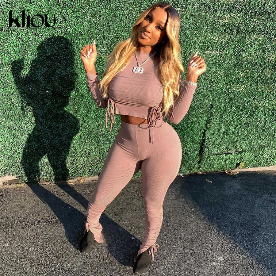 Kliou Côtelé Tricoté Solide Deux Pièces Ensembles Femmes Cordon Crop Tops + Extensible Ruché Fente Latérale Leggings Tenues 210709