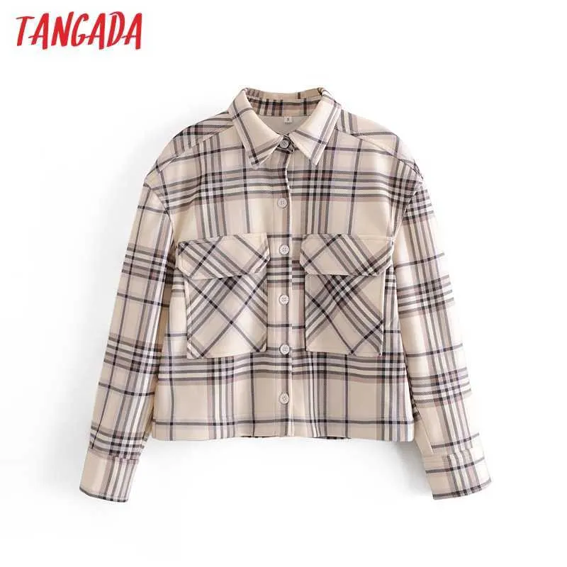 Tangada Frauen Plaid Muster Kurze Jacke Mantel Damen Langarm Lose Oversize Boy Freund Mantel QN72 210609