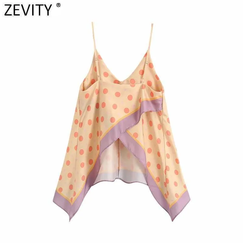 Zevity femmes spaghetti sangle col en v chic blouse blouse dames impression à pois patchwork roupas femininas chemise tops LS6986 210603