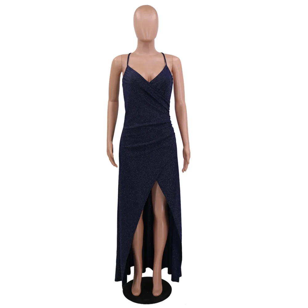 Derin Mavi Spagetti Kayışı Elbiseler Kadın Parti Gece Kulübü Zarif Moda Seksi Yarık Midi Elbise Toptan Giysileri 210525