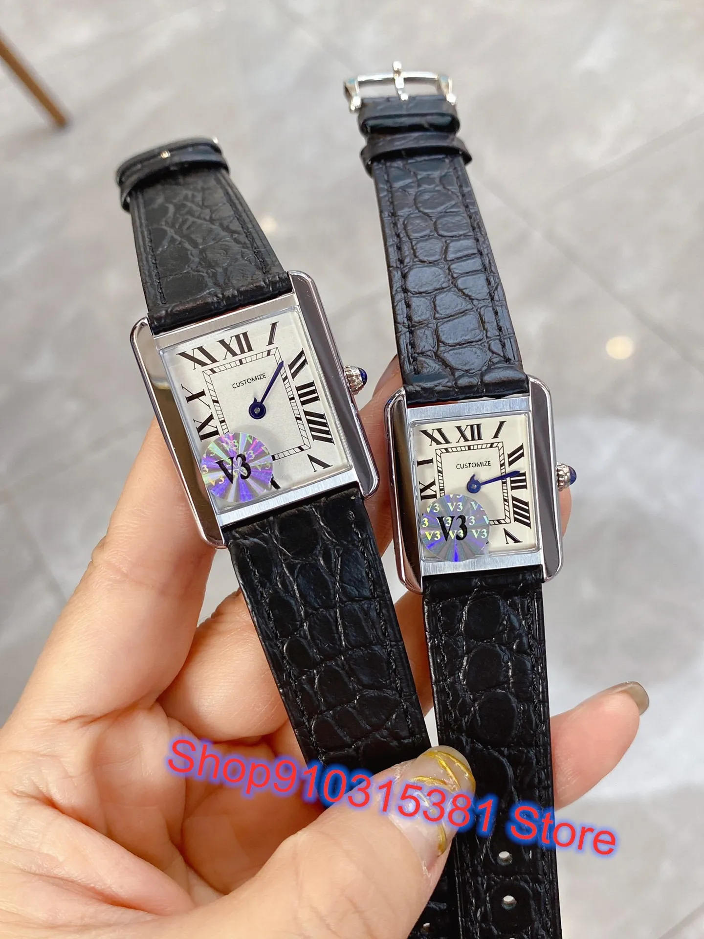 Классическая мода пара кварцевые часы подлинной коровьей кожи прямоугольник часы знаменитый бренд золотой римский номер синий игл наручные часы
