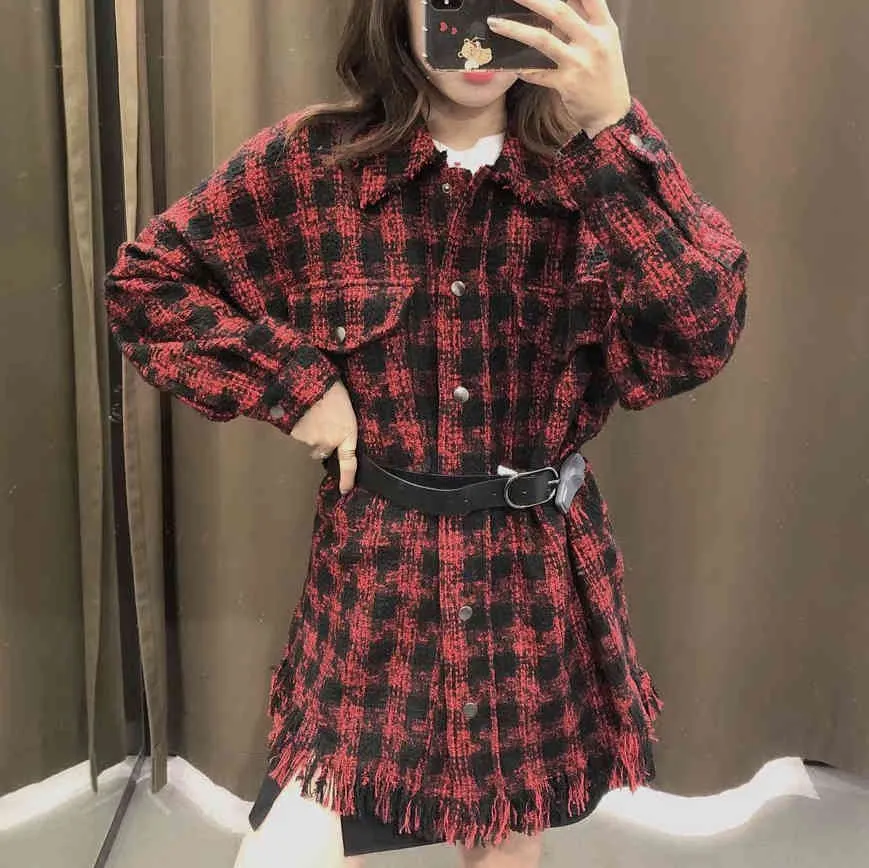 BLSQR Fashion With Belt Tweed Jacket Coat Women Long Sleeve Frayed Tassel Female Outerwear Chic Plaid Pocket Tops 210430