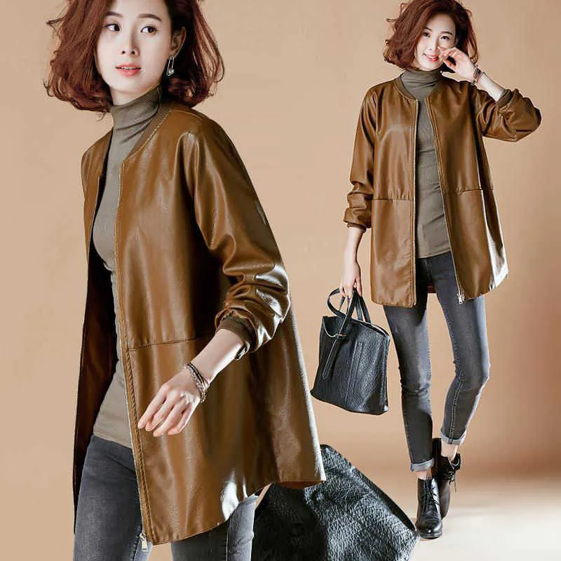 Autumn Winter Women's Leather Jacket Casual O Neck Basic Plus Size Female Faux Coat Black Loose PU Leather Baseball Outwear 210908