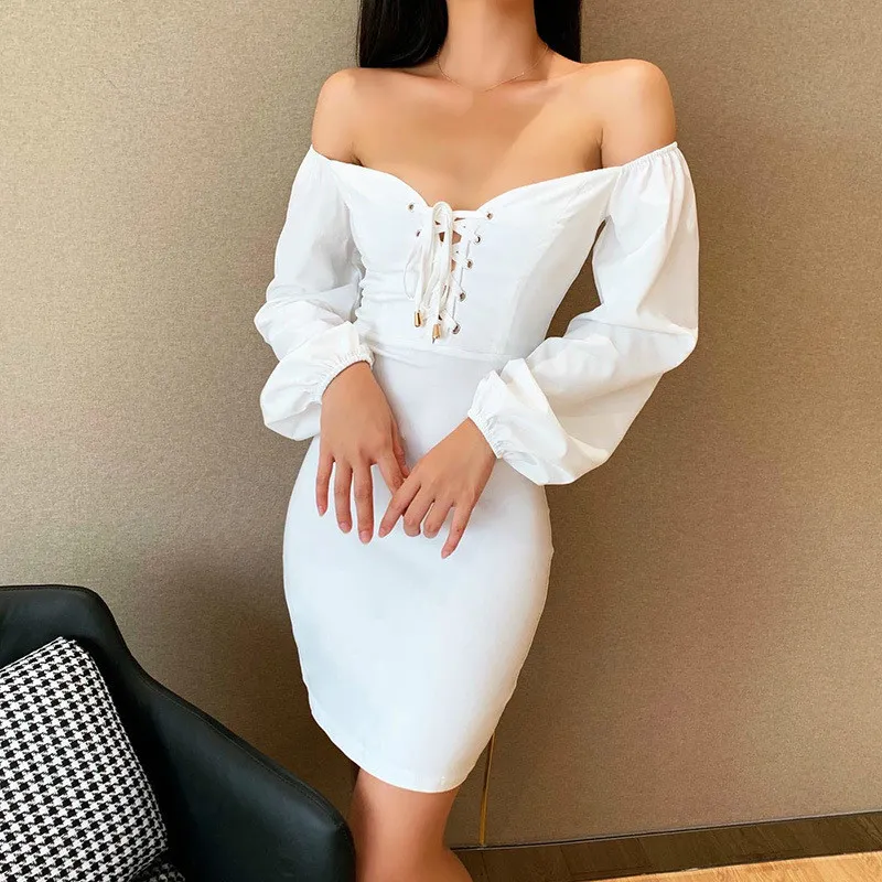 Ezgaga Long Puff Sleeve Party Dress Women Solid V-Neck Lace-up All-Match White Dresses Off Shoulder Ladies Sexy Bodycon Elegant 210430