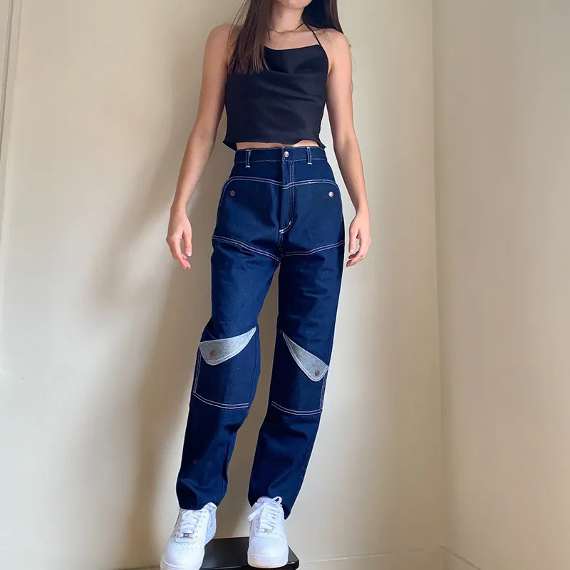 Taille haute Jeans de style lâche pour femmes à la mode Casual Pantalon patchwork droit Hip Pop Girls Washed Boyfriend 210524
