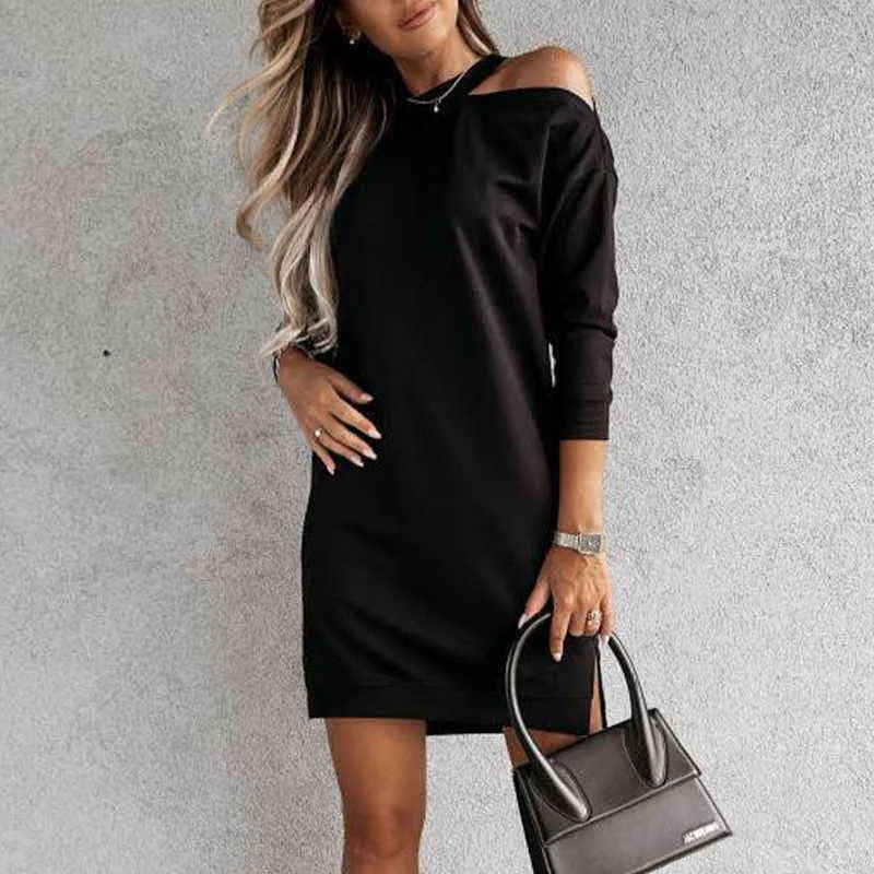Elegant Solid Long Sleeve All-match Dresses Lady Chic Party Dress Women Fashion Sexy O-Neck Hollow Out Off Shoulder Design Dress Y1204