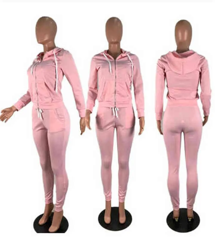 2020 Spring Women Suit Tracksuit Solid Color Sportwear Long Sleeve Hooded Zipper Two Pieces Set Coat +Long Pants Outfit Clubwear