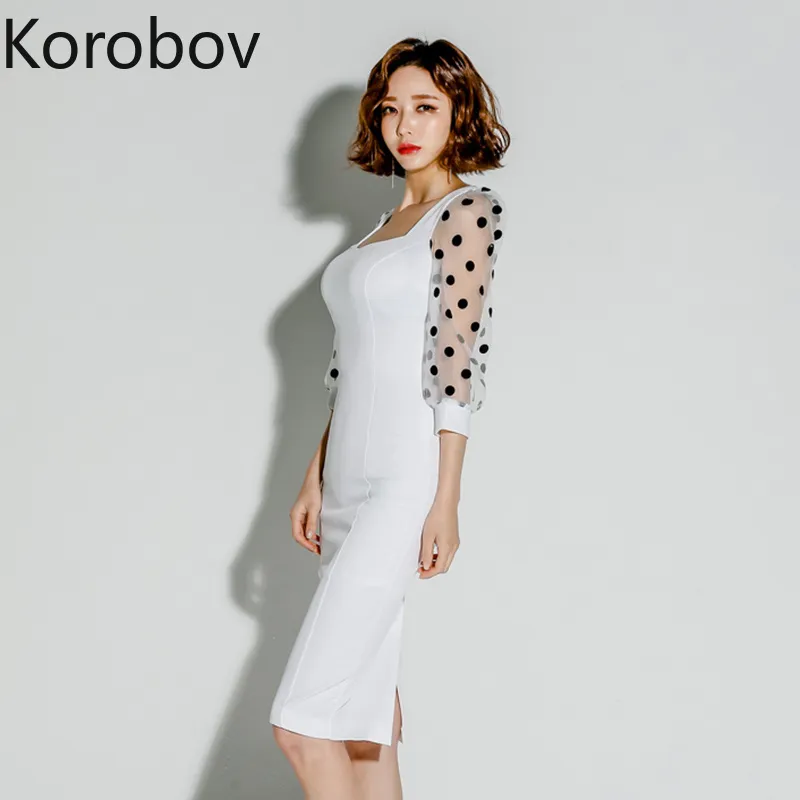 Korobov sommar ny arribal polka dot mesh patchwork kortärmad klänning koreanska eleganta slim stickade klänningar ol vestidos mujer 210430