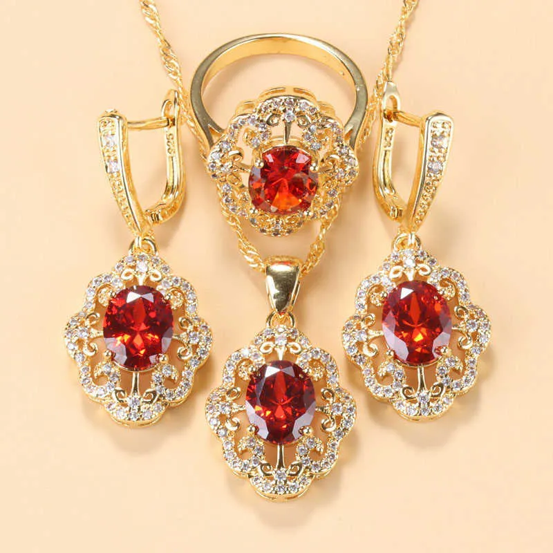 Dubai Gold Colors Wedding Accessories AAA+ Red Garnet Bridal Jewelry Sets For Women Charm Bracelet And Ring Sets H1022