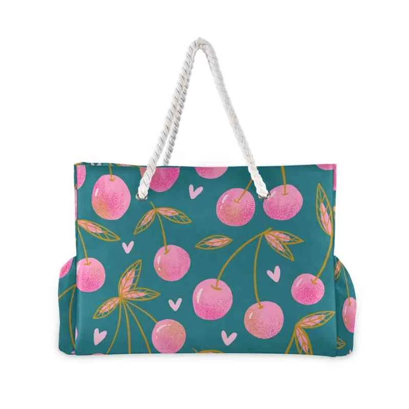 s söta röda rip körsbärsbär på gröna damer axel vikbar shopping mode nylon strandväska handväska 220310