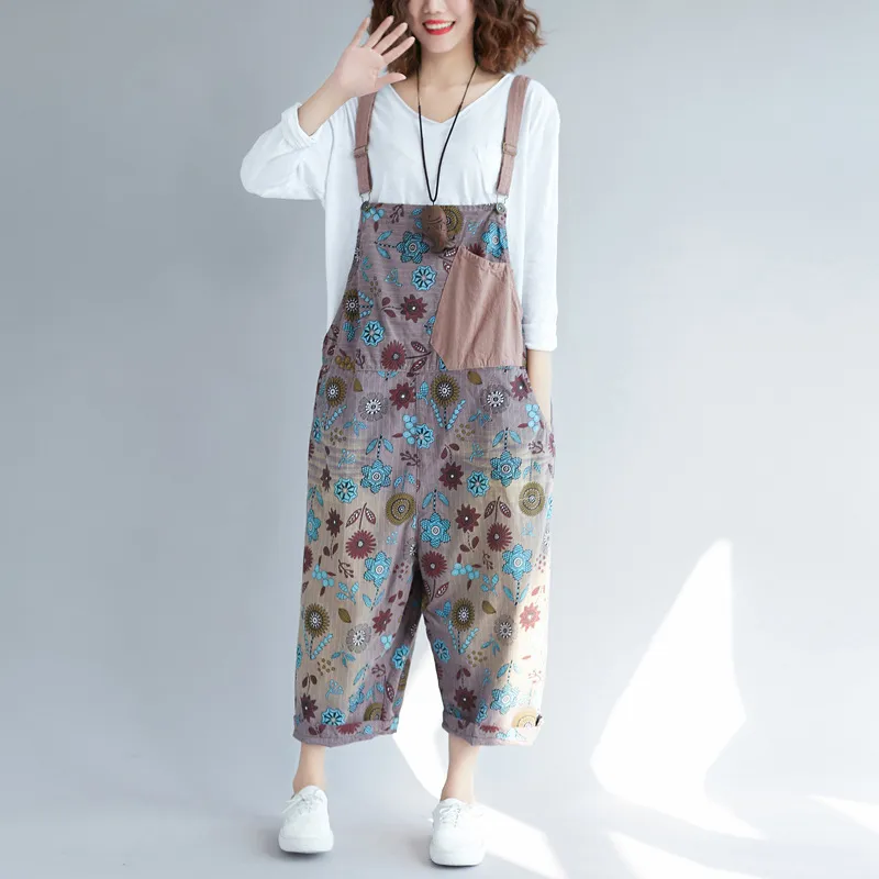 Johnature Ankle-length Pants Casual Jumpsuits Loose Print Overalls Pockets Rompers Flower Fashion Patchwork Women Jumpsuit 210521