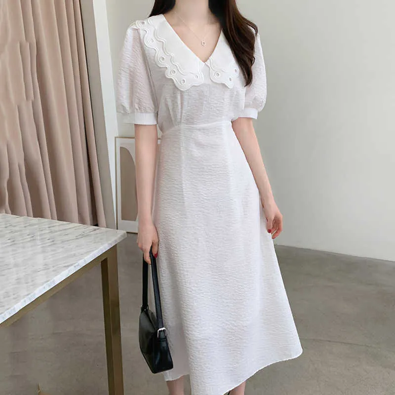 Korejpaa Women Dress Korea Chic Temperament Double-layer Doll Collar Contrast Pleated Lace-up Waist Bubble Sleeve Vestidos 210526