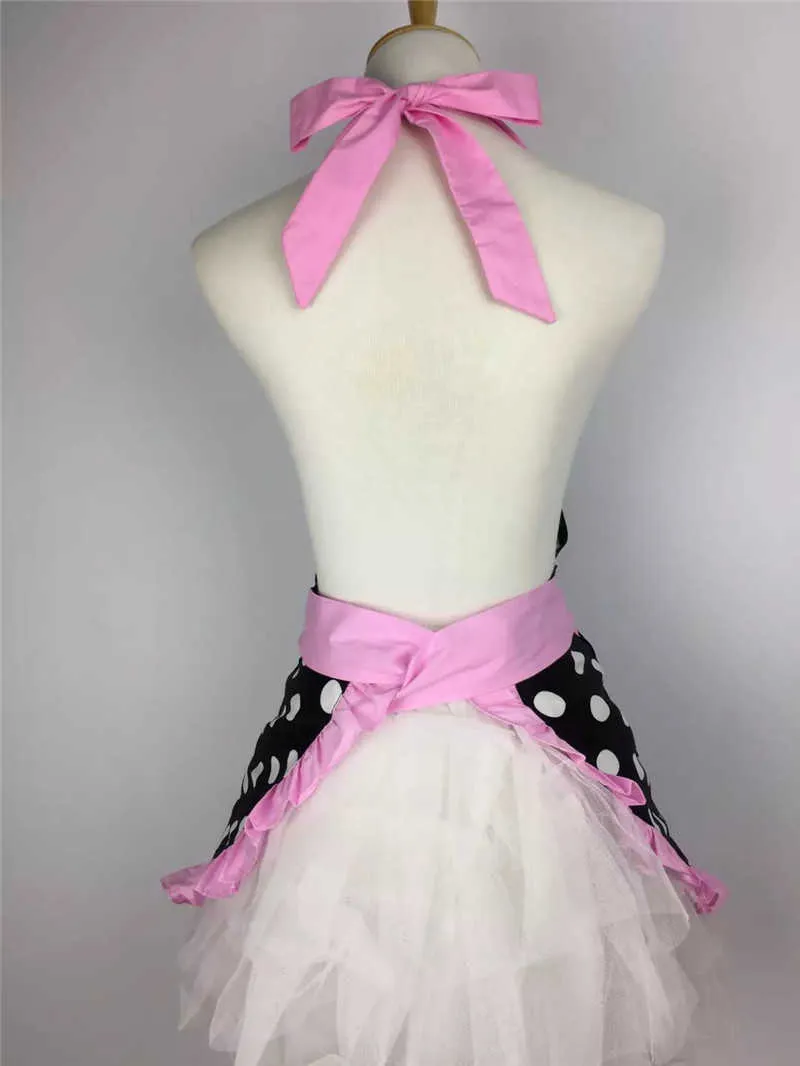 Härlig retro Förkläden för kvinnor Förkläde Kök Barista Söt Bowknot med fickor Justerbar bomull Sexig Polka Dot Delikat Hemline 210625